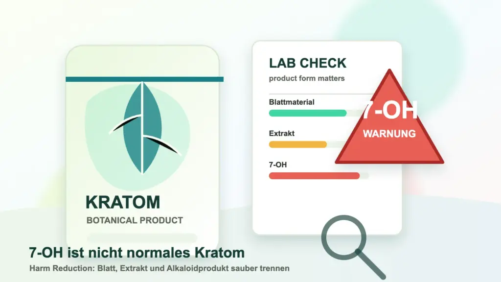 Simon betrachtet kritisch eine Kratom-Packung und ein rotes 7-OH-Warnsymbol vor Laborhintergrund