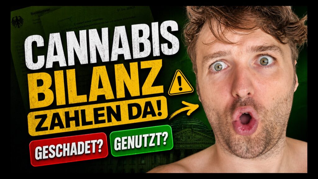 Simon reagiert ueberrascht auf eine Cannabis-Bilanz mit der Aufschrift Zahlen da, geschadet oder genutzt
