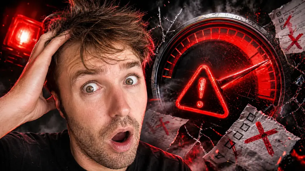 Simon reagiert erschrocken auf einen Drogenrisiko-Selbsttest mit roter Gefahrenanzeige