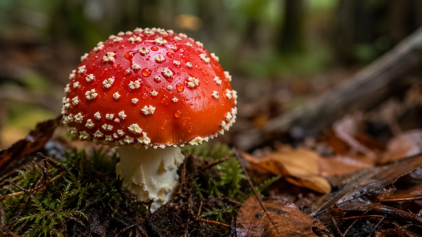 Nahaufnahme eines Fliegenpilzhuts mit wei&szlig;en Punkten und Regentropfen im Wald