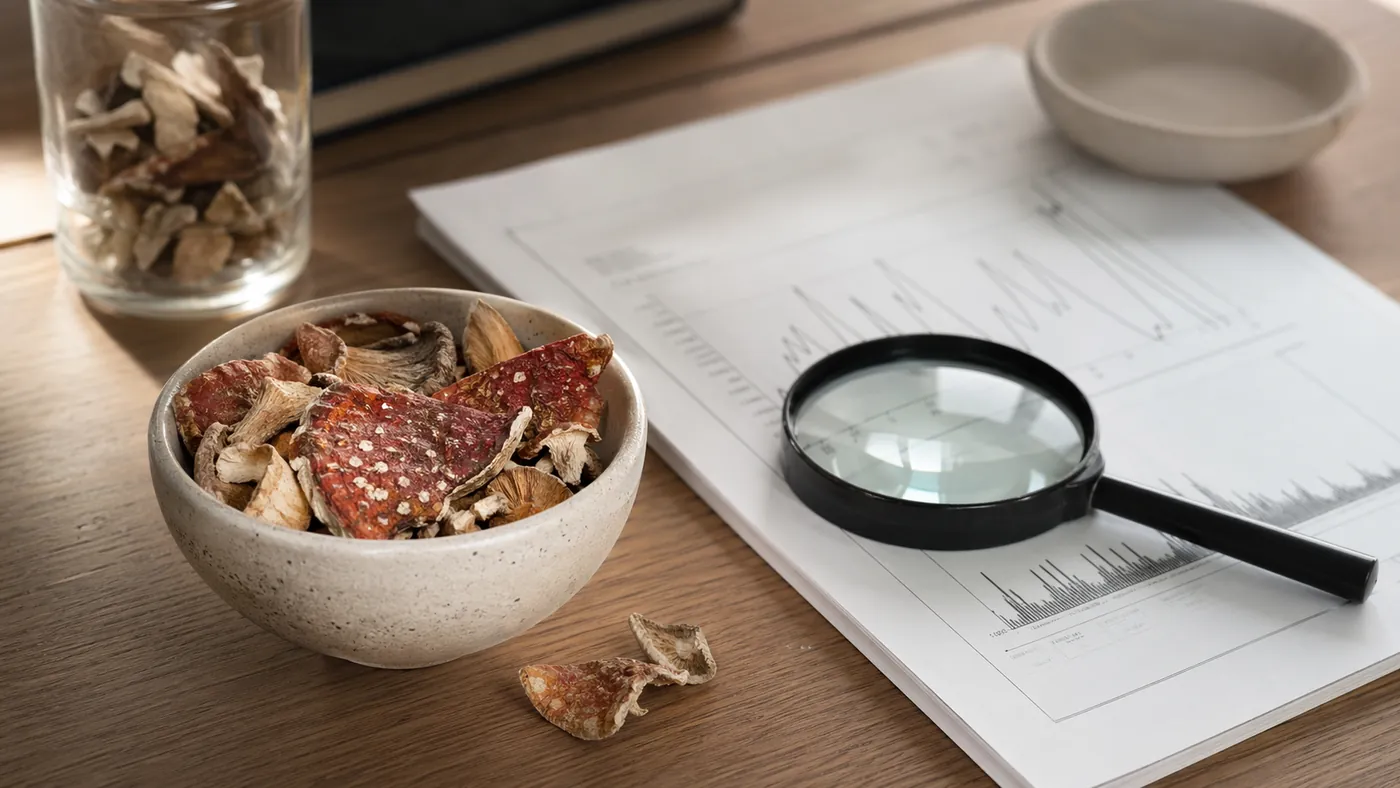 Getrocknete Fliegenpilzst&uuml;cke neben einem Laborbericht als Symbol f&uuml;r Analyse von Muscimol und Ibotens&auml;ure