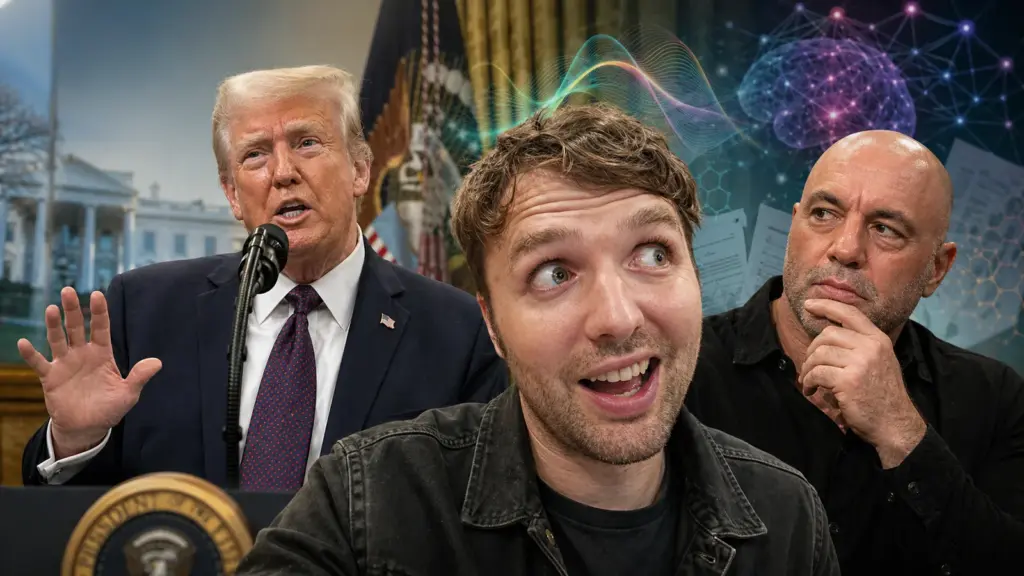 Simon zwischen Donald Trump und Joe Rogan vor einer politischen Psychedelika-Debatte in den USA