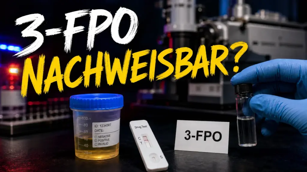 Drogentest-Becher, Testkassette und Laborvial mit 3-FPO-Karte als Symbol fuer die Nachweisbarkeit von 3-FPO