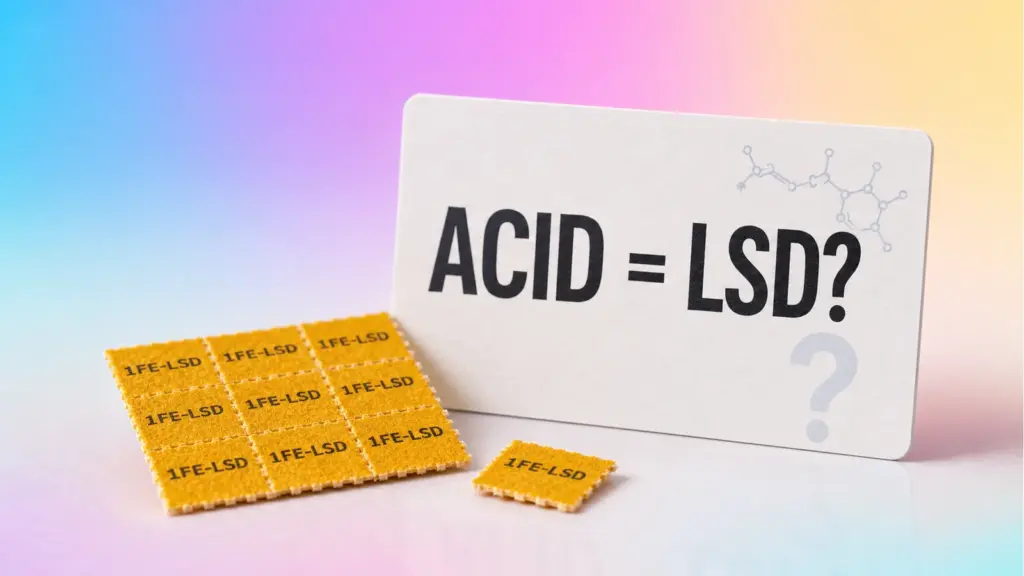 Symbolbild zu Acid als Begriff für LSD mit Blotterpapier und Erklärungskarte Acid gleich LSD
