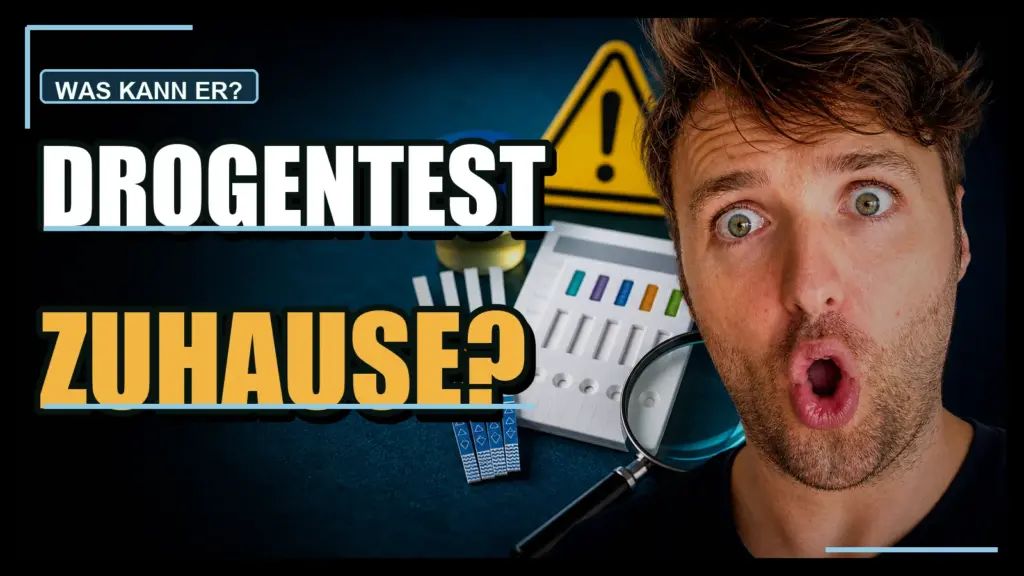Simon schaut fragend neben Urinteststreifen und Testkassette zum Thema Drogentest zuhause