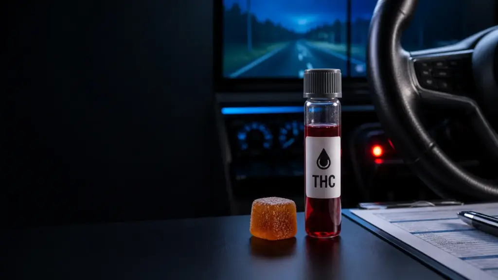 THC-Blutwert, Cannabis-Edible und Lenkrad im Fahrsimulator