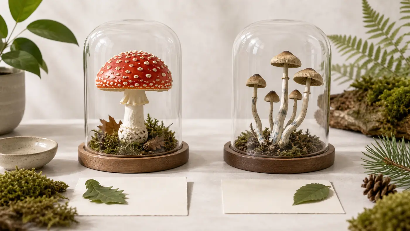 Fliegenpilz und Magic Mushrooms als botanischer Vergleich unter Glasglocken