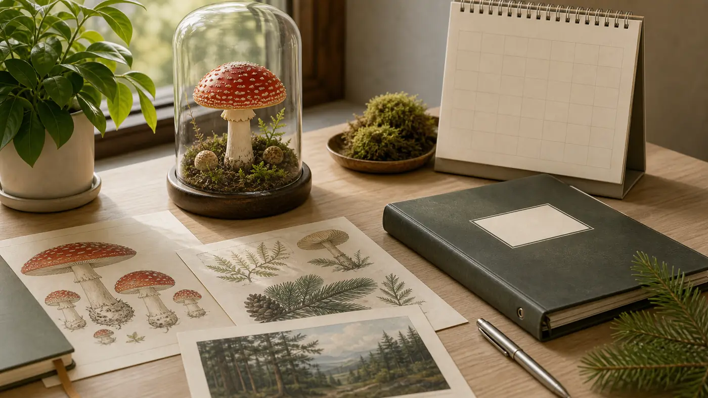Fliegenpilz Rechtslage und kulturelle Einordnung mit botanischem Display und Dokumenten