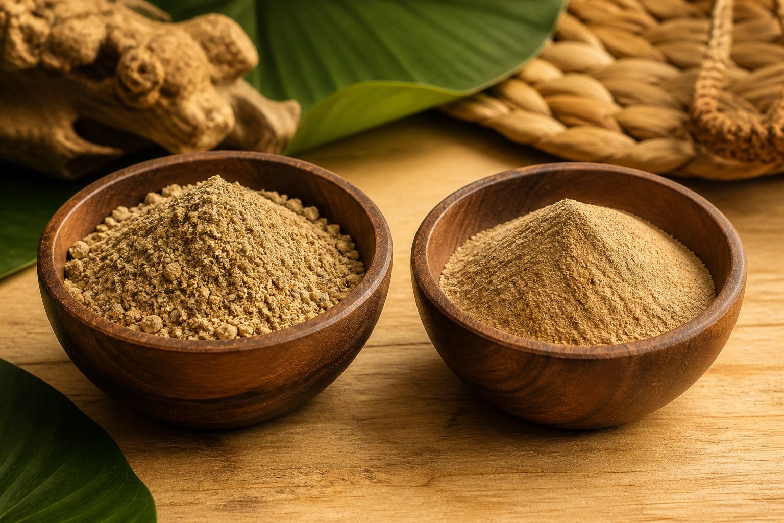 Zwei Holzschalen im Vergleich: Medium-Grind-Kava-Pulver links und feines Instant-Kava-Pulver rechts