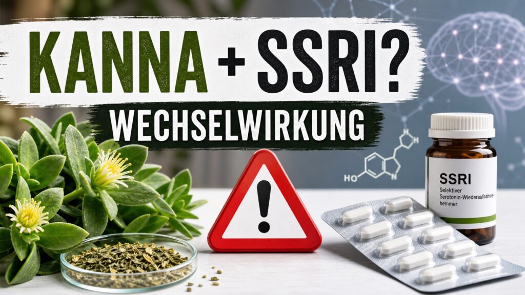 Kanna-Pflanze und Antidepressiva-Warnsymbol als Hinweis auf mögliche SSRI-Wechselwirkungen