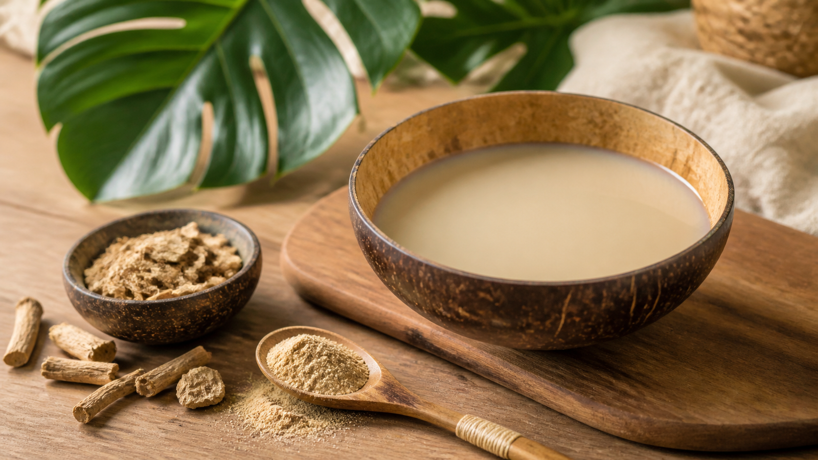 Kava-Getränk in Kokosnussschale mit Kava-Wurzelstücken und Kava-Pulver auf Holztisch