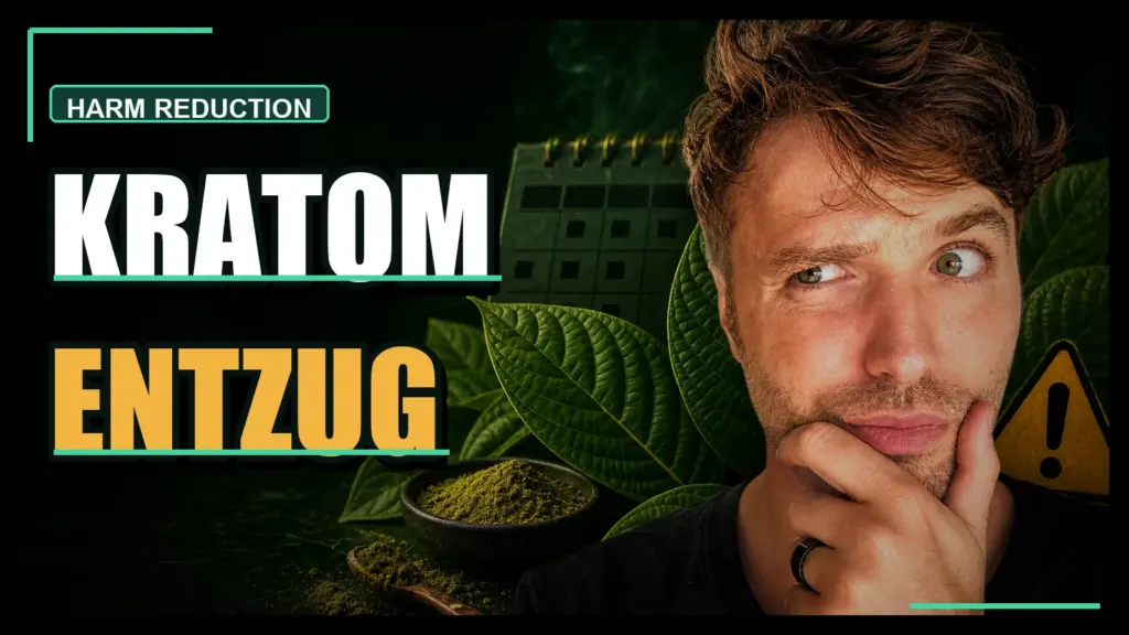 Simon schaut skeptisch neben Kratom-Blättern und Warnsymbol zum Thema Kratom Entzug