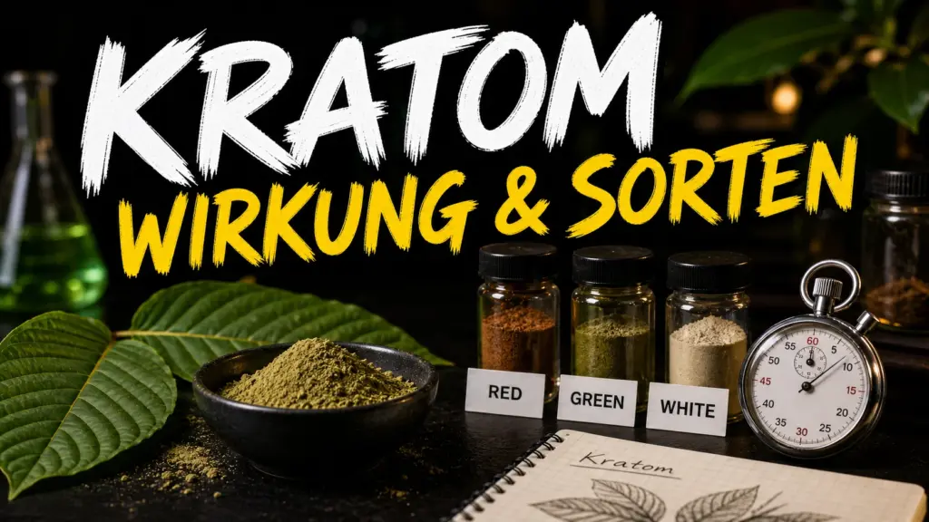 Kratom-Pulver, Kratom-Blaetter und Sortenproben mit Text Kratom Wirkung und Sorten