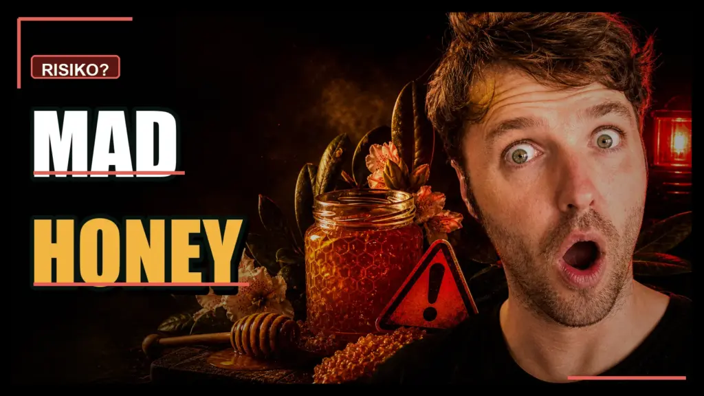 Simon reagiert überrascht auf Mad Honey mit Honigglas und Warnsymbol