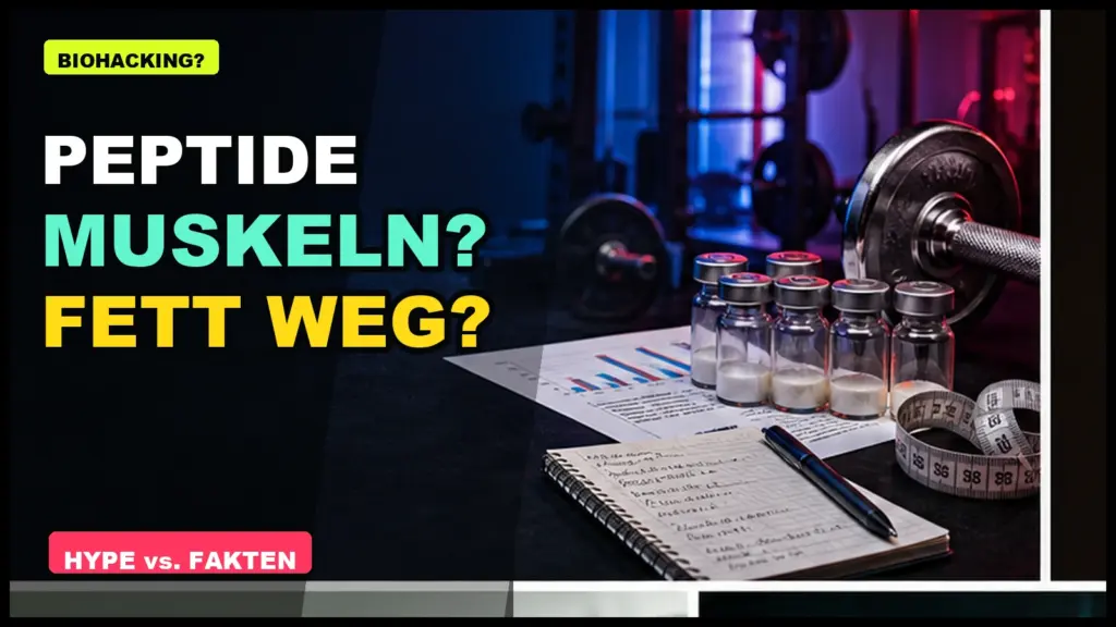 Peptidfläschchen, Laborbericht, Hantel und Maßband als Symbol für Muskelaufbau und Fettverbrennung