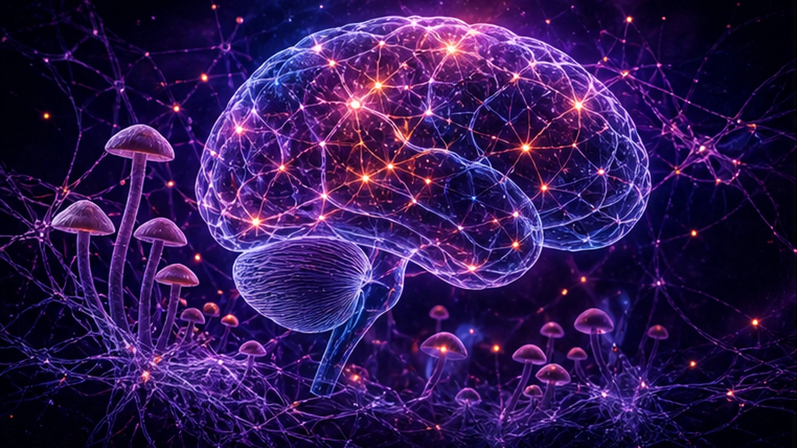 Abstraktes Gehirn mit neuronalen Verbindungen als Symbol f&uuml;r Psilocybin-Forschung und Neuroplastizit&auml;t