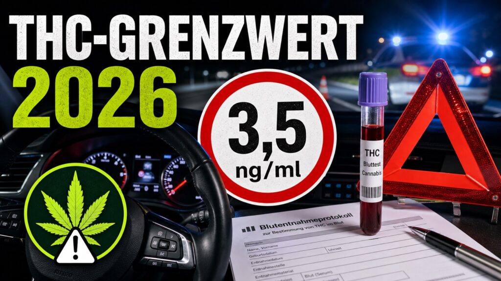 Autocockpit mit THC-Grenzwert 3,5 ng/ml, Cannabis-Symbol, Bluttest und Warnsignal