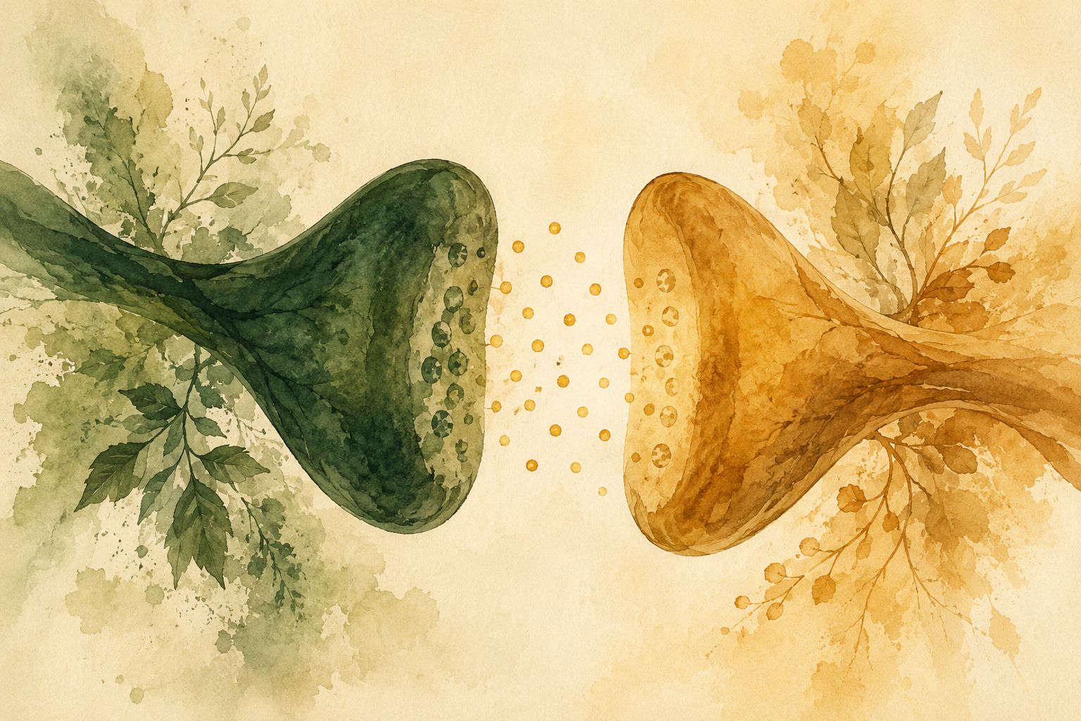 Abstrakte Aquarell-Illustration zweier stilisierter Synapsen in dunkelgrün und ocker mit goldgelben Neurotransmitter-Partikeln im synaptischen Spalt