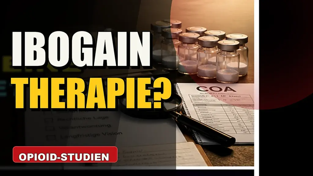 Ibogain-Therapie und Opioid-Studien als klinisches Forschungsthema mit Vials, Dokumenten und Warnlicht