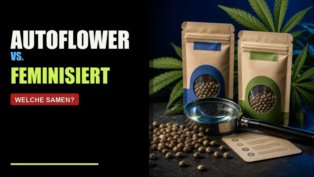 Open-Mind-Thumbnail zu Autoflower vs. feminisierten Cannabis-Samen mit Samenpackungen, Lupe und Cannabisblättern