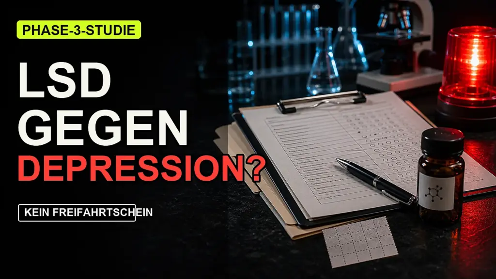 Open-Mind-Thumbnail zu LSD, Depression und Phase-3-Studie mit klinischem Studienblatt, Labor und rotem Warnlicht