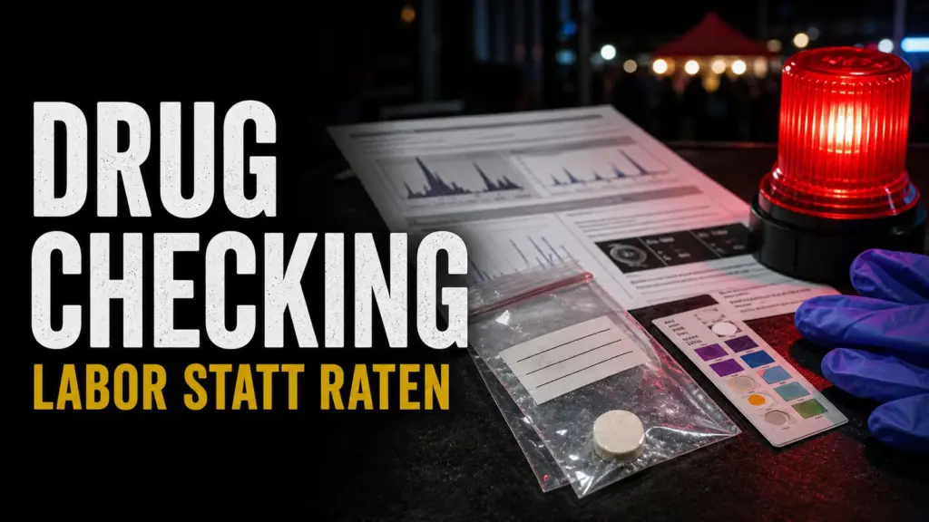 Open-Mind-Thumbnail zu Drug Checking mit Laborblatt, Probenbeutel, Testkarte und rotem Warnlicht