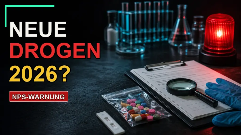 Open-Mind-Thumbnail zu neuen psychoaktiven Substanzen 2026 mit Drogentest, Laborblatt, Warnlicht und dem Text Neue Drogen 2026