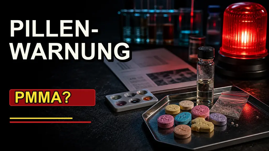 Open-Mind-Thumbnail zu MDMA-Pillenwarnung mit Ecstasy-Tabletten, Reagenztest und rotem Warnlicht