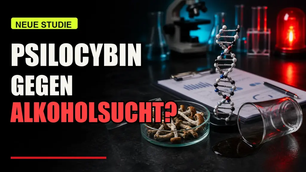 Open-Mind-Thumbnail zu Psilocybin, Alkoholsucht und neuer Studie mit Labor, DNA-Modell und Pilzprobe