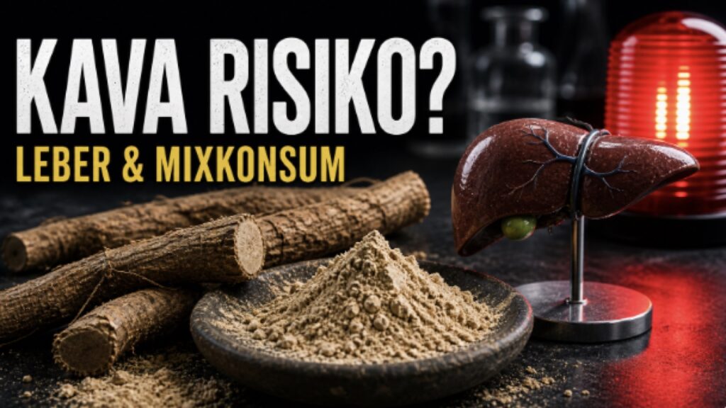 Kava-Wurzeln, Kava-Pulver, Lebermodell und rotes Warnlicht mit dem Text Kava Risiko? Leber & Mixkonsum