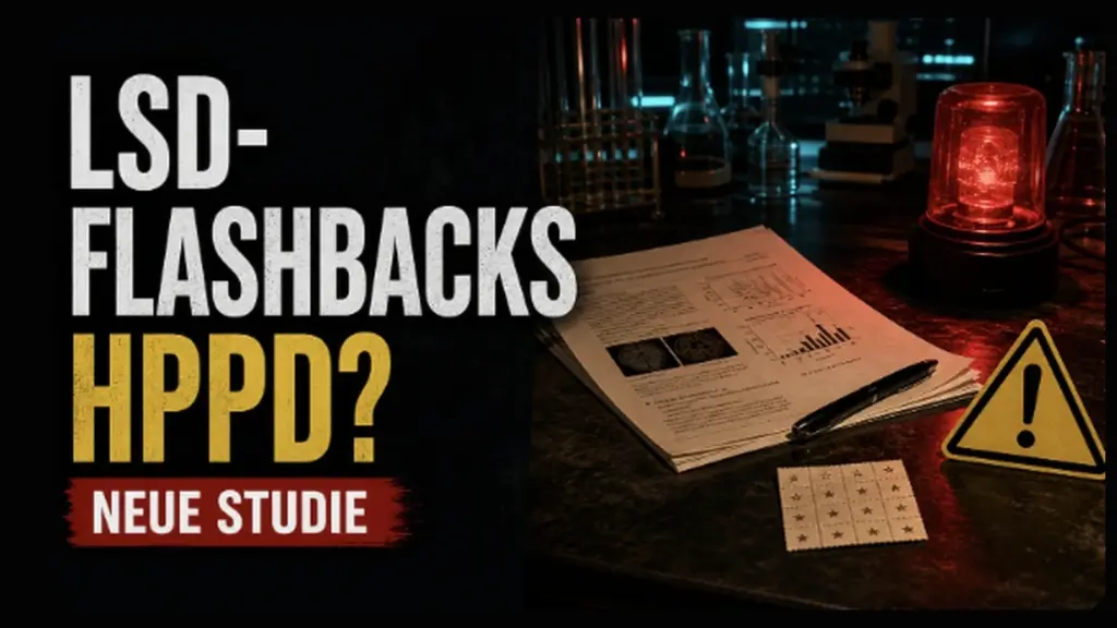 LSD-Flashbacks und HPPD als Open-Mind-Thumbnail mit Studiendokument und Warnlicht