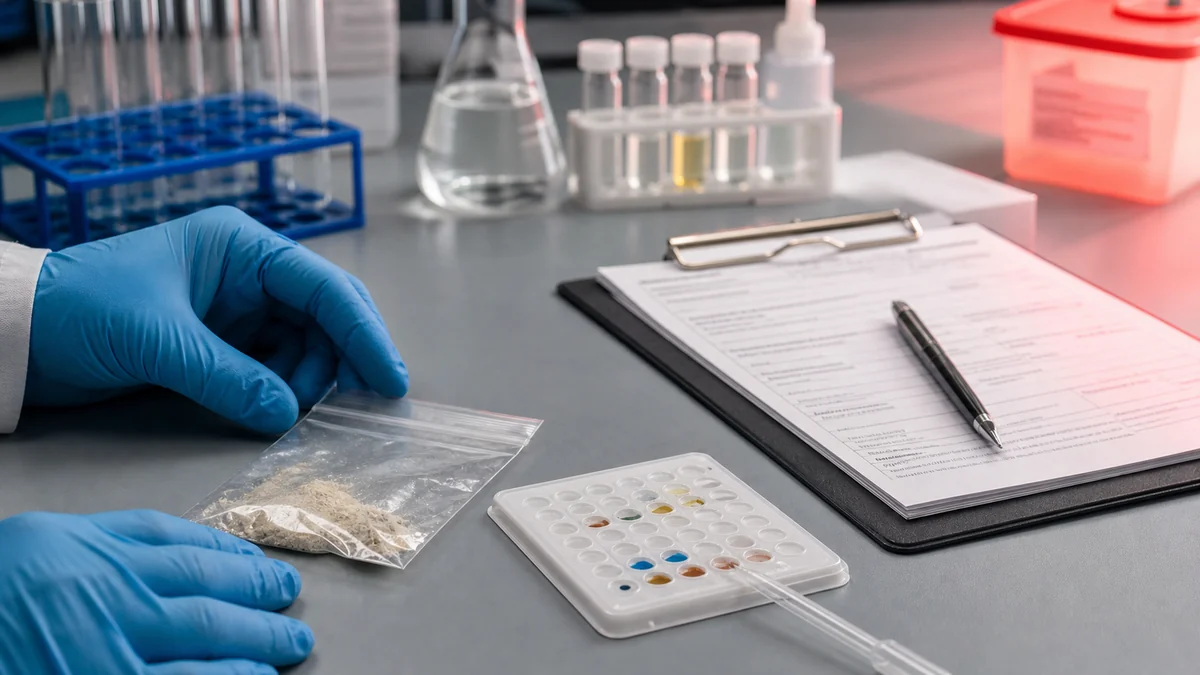 Drug Checking Deutschland: Laboranalyse einer anonymen Probe mit Reagenztest und Bericht