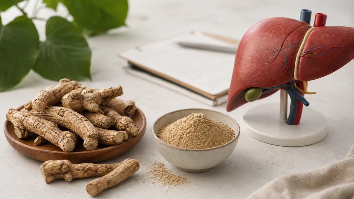 Kava Nebenwirkungen Leber: Kava-Wurzel, Kava-Pulver und anatomisches Lebermodell