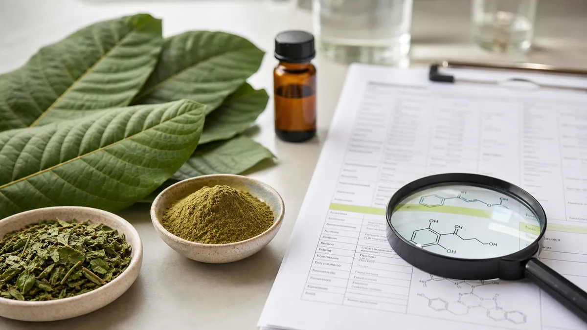 Kratom 7-OH: Kratom-Blätter, Pulver, Laborbericht und Analyse-Lupe