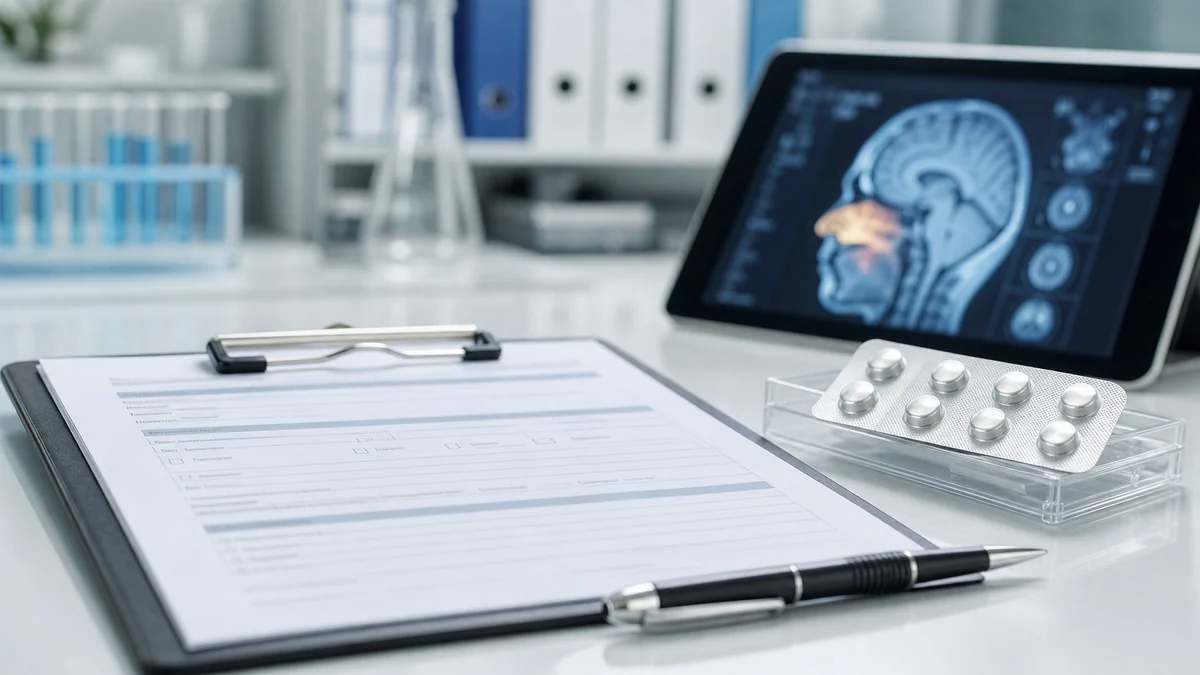 LSD gegen Depression Studie: klinische Forschungsunterlagen, Tablettenblister und Gehirnscan