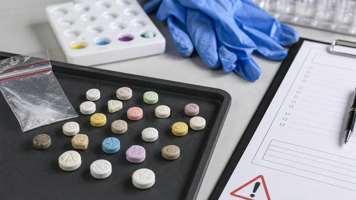 MDMA Pillenwarnung: unterschiedliche Ecstasy-Tabletten, Testplatte und Labor-Warnbogen