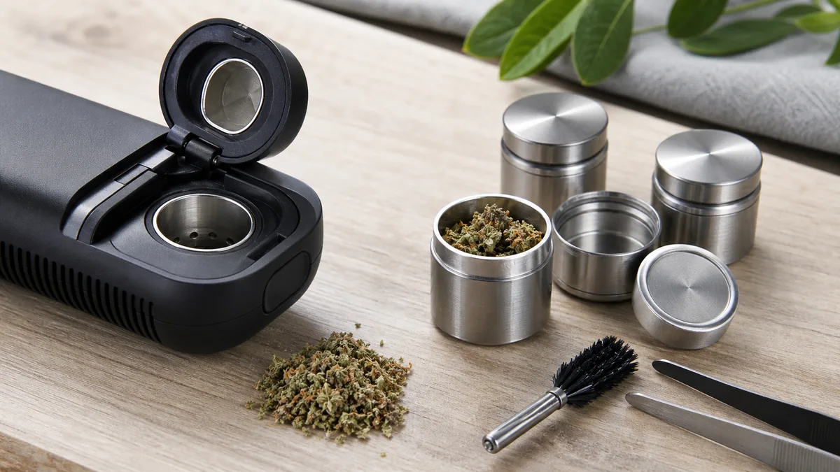 Vaporizer Dosierkapseln vs Kammer: offene Kapseln neben Vaporizer-Heizkammer