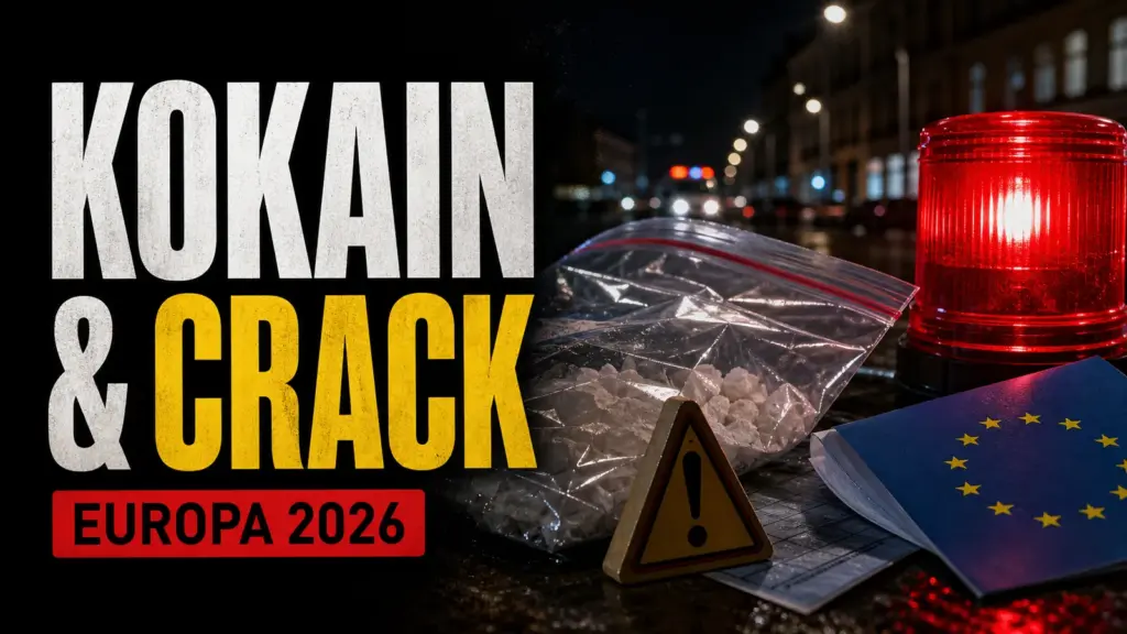 Open-Mind-Thumbnail zu Kokain und Crack in Europa mit nächtlicher europäischer Warnszene, Beweismittelbeutel, rotem Warnlicht und kurzer Headline