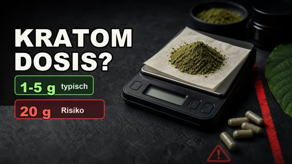 Digitale Waage mit Kratom-Pulver, Kapseln und Warnhinweis zur Dosierung