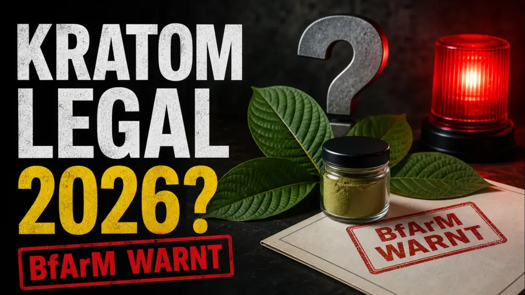 Kratom-Pulver, Kratomblätter und Warn-Dokument mit der Frage Kratom legal 2026 und BfArM-Warnung