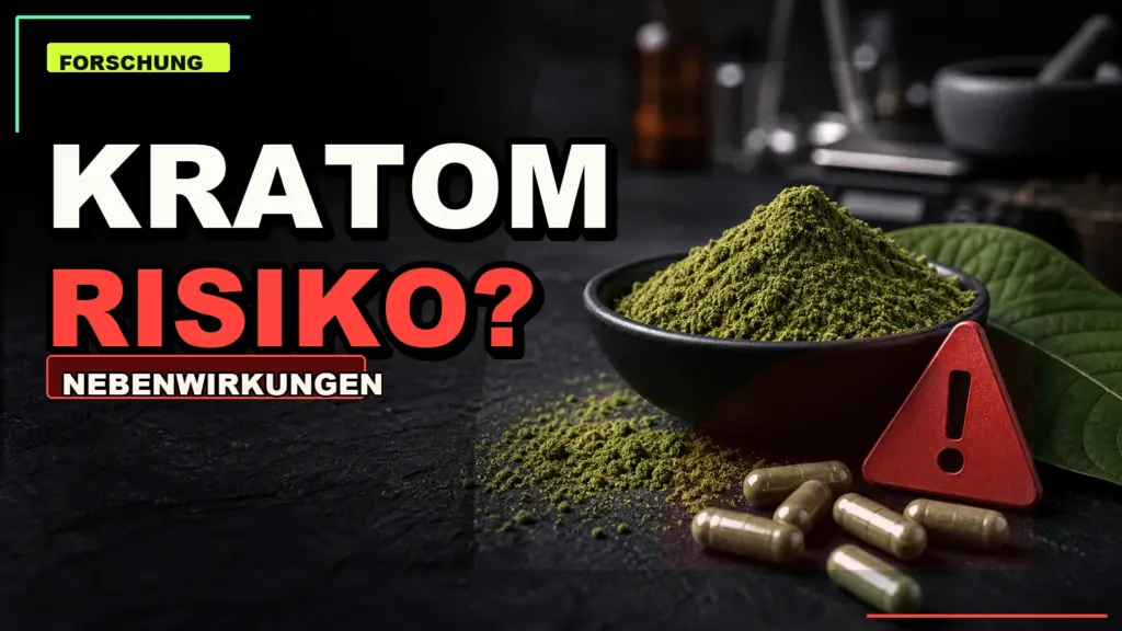 Kratom-Pulver mit rotem Warnsymbol und dem Text Kratom Risiko Nebenwirkungen