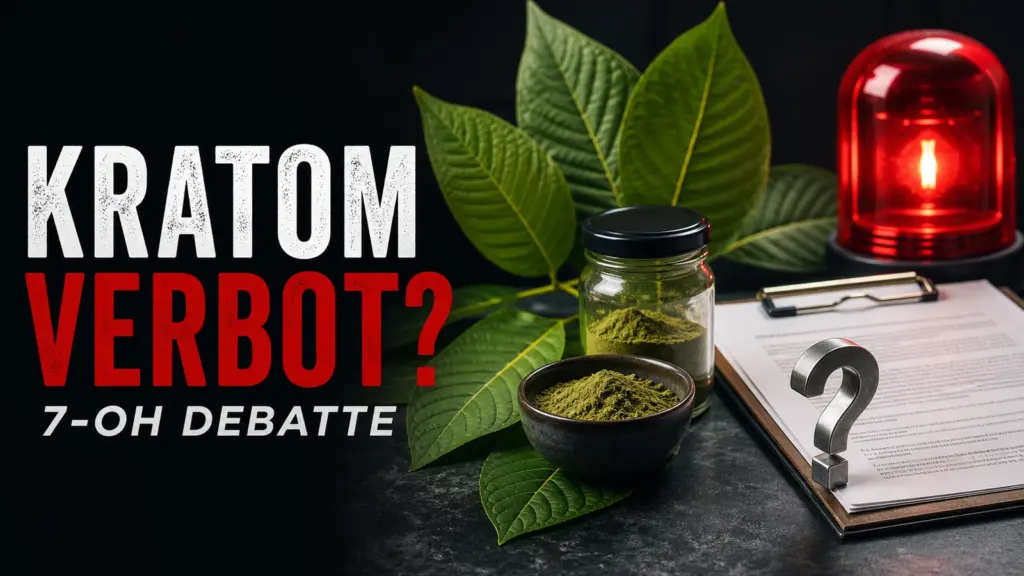 Kratom Verbot USA 2026 mit Kratom-Blättern, Pulver, Warnlicht und 7-OH-Debatte