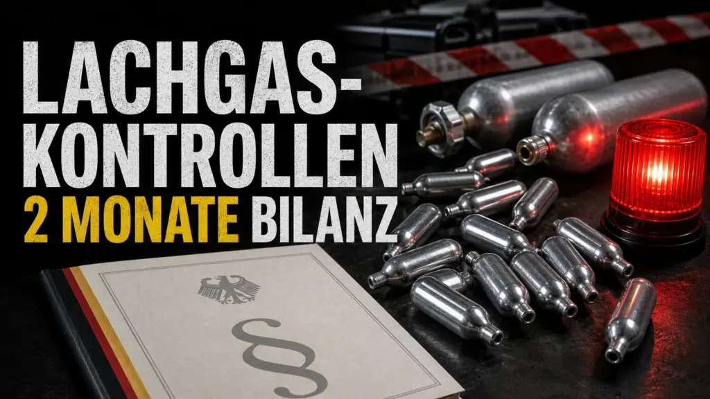 Lachgas-Kontrollen Bilanz mit Kartuschen, Gesetzesdokument und rotem Warnlicht
