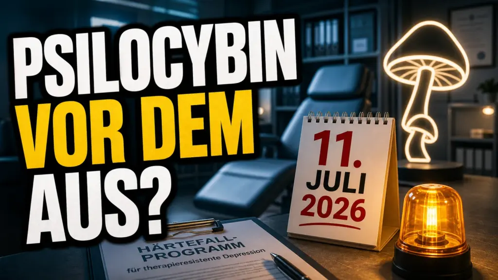 Klinischer Therapieraum mit Pilzsymbol, Kalenderdatum 11. Juli 2026 und BfArM-Hinweis zum Psilocybin-Härtefallprogramm