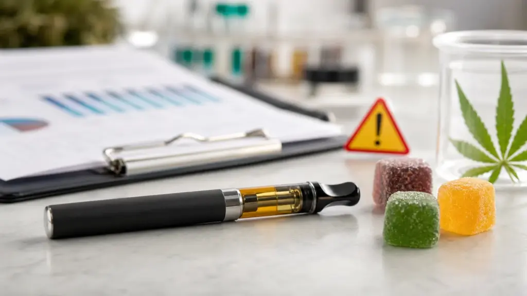 Vape Pen, Gummis und Laborzettel als Warnmotiv fuer synthetische Cannabinoide