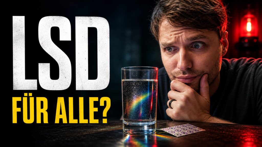 Simon Ruane blickt skeptisch auf ein Glas Wasser mit Regenbogenlicht neben der Frage LSD für alle