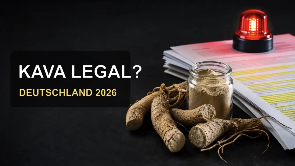 Kava-Wurzel und Kava-Pulver neben deutschem Rechtsdokument und rotem Warnlicht zur Frage Kava legal in Deutschland
