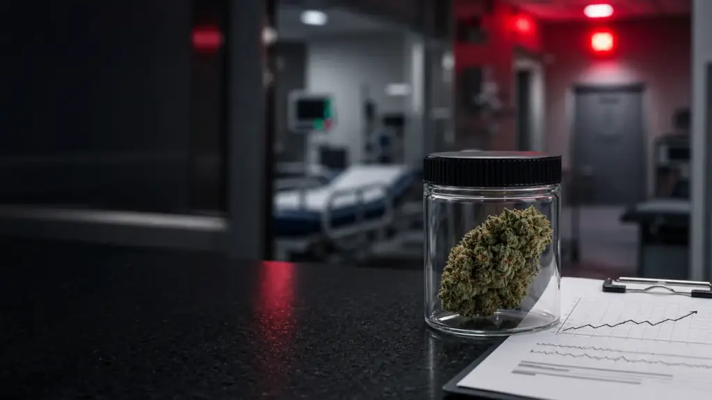 Cannabisblüte in einem Glas vor einer Krankenhausaufnahme mit rotem Warnlicht und steigender Trendkurve