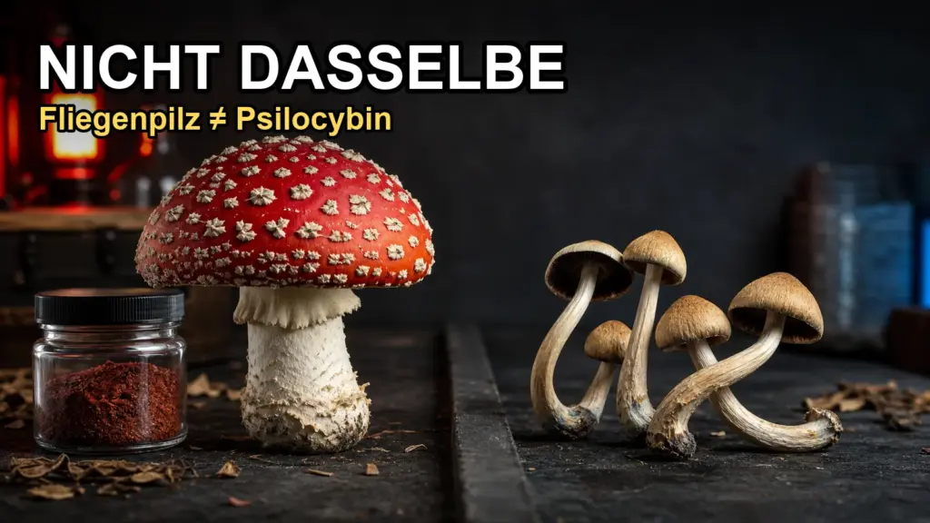 Fliegenpilz und Psilocybin-Pilze im Vergleich mit Hinweis Nicht dasselbe