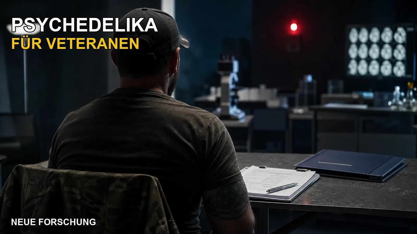 Veteran sitzt in einem klinischen Forschungsraum vor Unterlagen zu Psychedelika-Studien